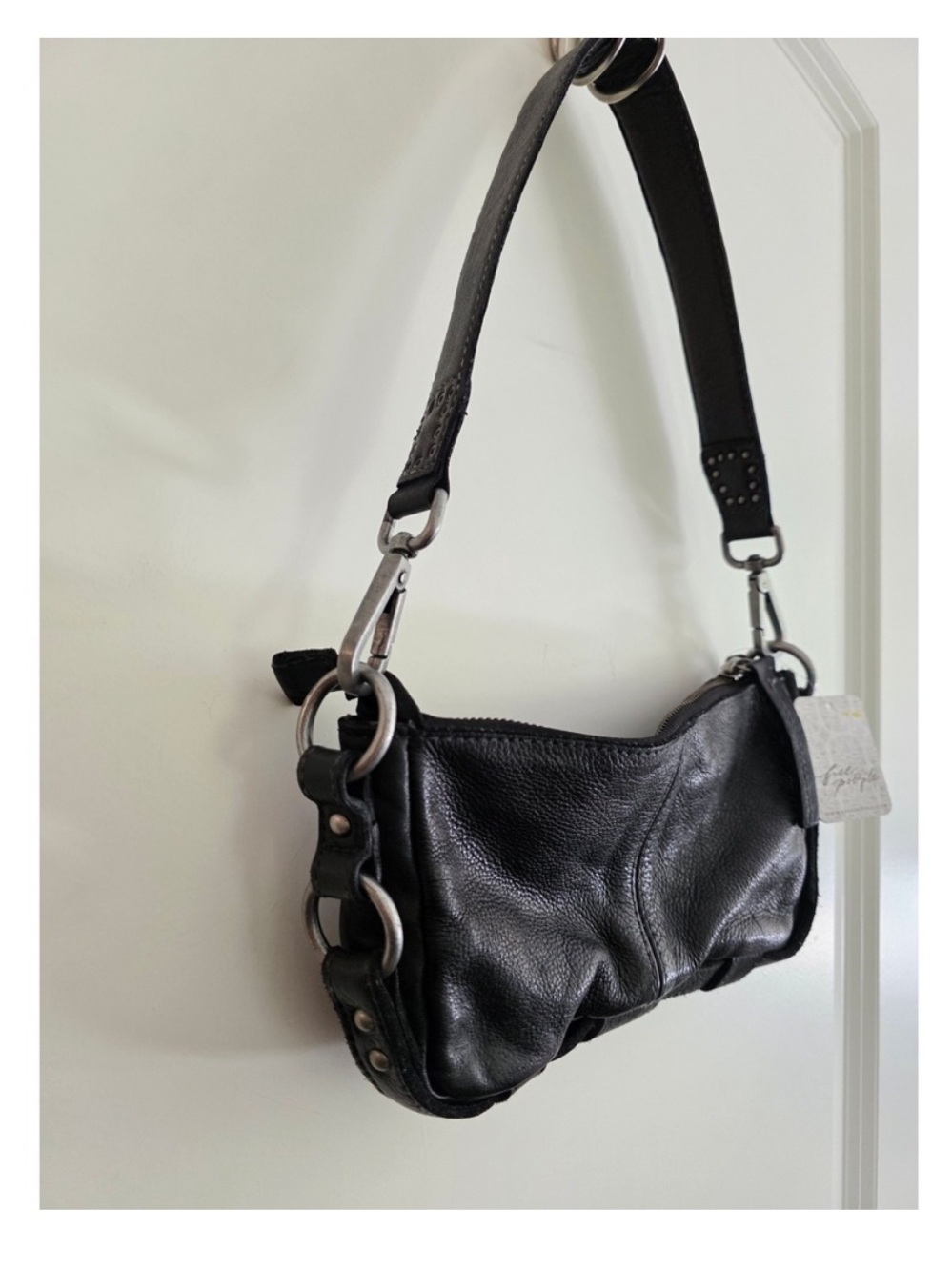 NWT Free People Black Leather Shoulder Bag with Ring Hardware